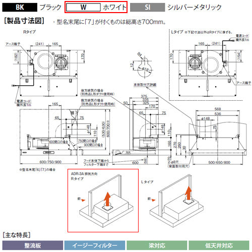 ●レンジフード スタンダードシリーズ[シロッコファン][幅60cm][総高さ70cm][スリム型][前幕板付属][ホワイト][右排気]