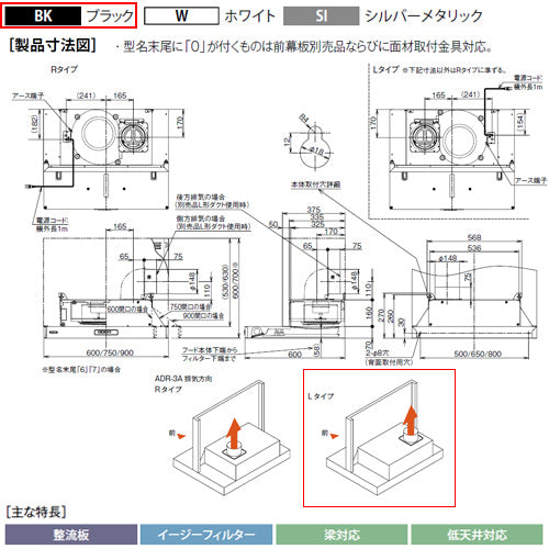 ●レンジフード スタンダードシリーズ[シロッコファン][幅75cm][スリム型][ブラック][左排気]
