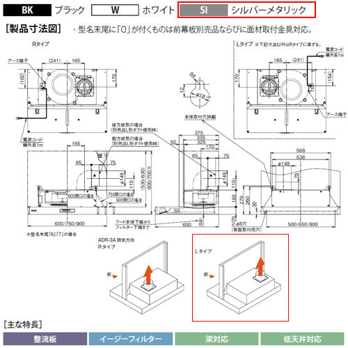 ●レンジフード スタンダードシリーズ[シロッコファン][幅75cm][スリム型][シルバーメタリック][左排気]