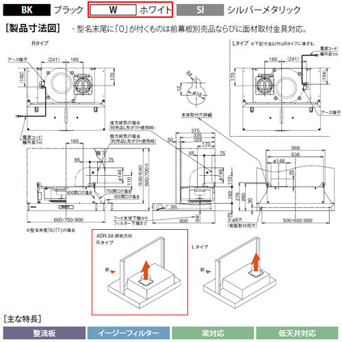 ●レンジフード スタンダードシリーズ[シロッコファン][幅75cm][スリム型][ホワイト][右排気]