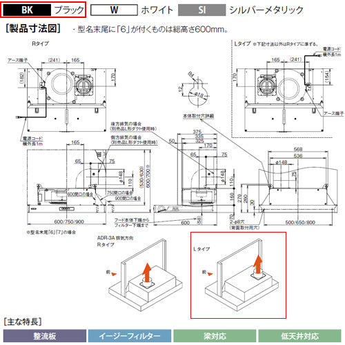 ●レンジフード スタンダードシリーズ[シロッコファン][幅75cm][総高さ60cm][スリム型][前幕板付属][ブラック][左排気]