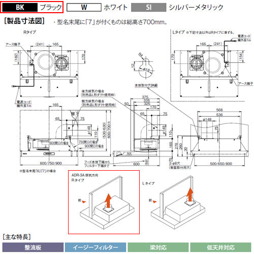 ●レンジフード スタンダードシリーズ[シロッコファン][幅75cm][総高さ70cm][スリム型][前幕板付属][ブラック][右排気]