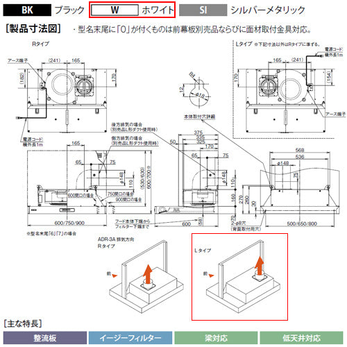 ●レンジフード スタンダードシリーズ[シロッコファン][幅90cm][スリム型][ホワイト][左排気]