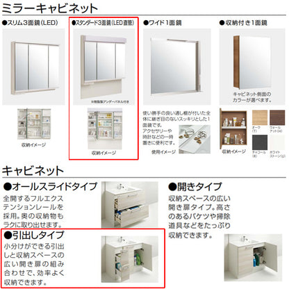 洗面化粧台セット ラクトワ[間口750mm][高さ1900mm][引出しタイプ][シャワー付シングルレバー水栓][3面鏡][スタンダードLED][一般地]