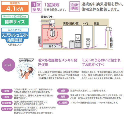 浴室暖房乾燥機[温水式][天井埋込型][1室換気対応][開口標準タイプ][1室自動乾燥機能ミスト付][衣類乾燥][1.5坪以下]