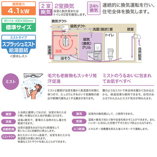 浴室暖房乾燥機[温水式][天井埋込型][2室換気対応][開口標準タイプ][2室自動乾燥機能ミスト付][衣類乾燥][1.5坪以下]
