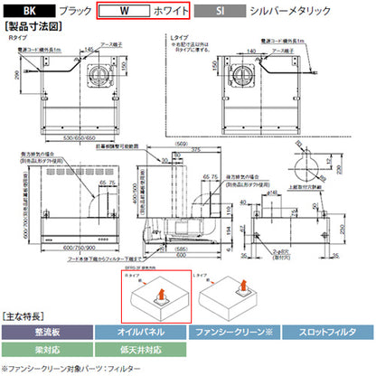 ●レンジフード スタンダードシリーズ[シロッコファン][幅75cm][平型][ホワイト][右排気]