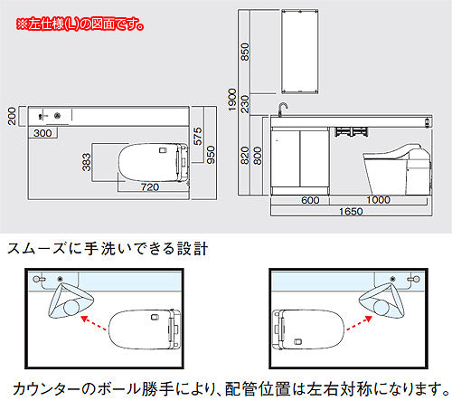 トイレカウンターTS[幅1650mm][ハンドル式単水栓(スワン型)][本体キャビネット付][プランNo.TTS17]