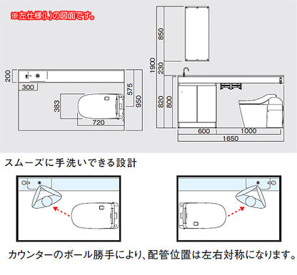 トイレカウンターTS[幅1650mm][ハンドル式単水栓(スワン型)][本体キャビネット付][プランNo.TTS17]