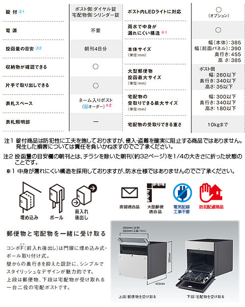 宅配ボックス コンボエフ[ボックスのみ][前入][後出][FR][ポスト一体型][ポスト部ダイヤル錠][宅配部シリンダー鍵][木パネル]