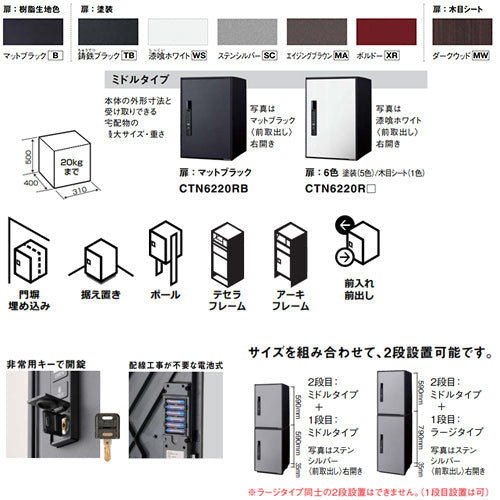 宅配ボックス イーコンボライト[ボックスのみ][前入][前出][FF][電子鍵][右開き][ミドルタイプ]