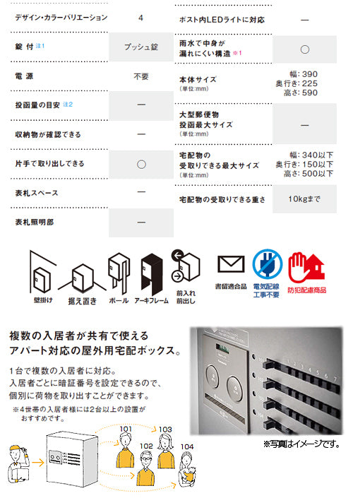 宅配ボックス コンボ/コンボメゾン[前入][前出][FF][プッシュボタン錠][専有1錠][押印機構あり][ハーフタイプ]