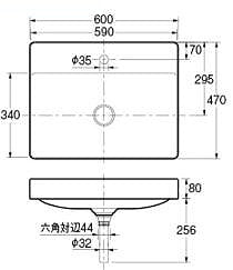 洗面器単品[デュラビット][DuraSquare][ハーフベッセル式][半埋込][角形][600×470][水栓取付穴径:φ35][中央1ヶ所][専用排水上部セット付]