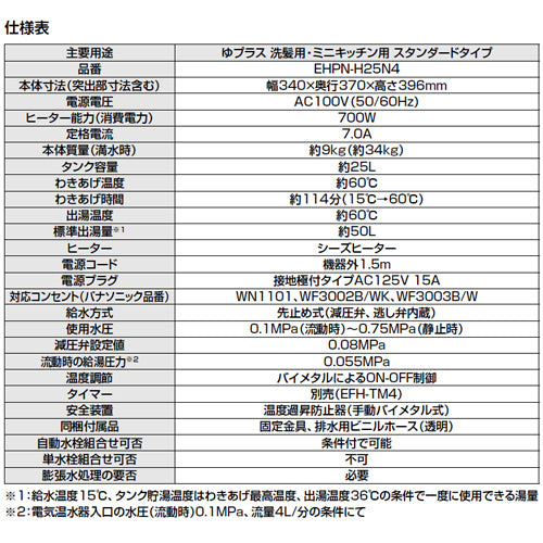 小型電気温水器 ゆプラス[床置設置][ミニキッチン用][スタンダードタイプ][本体+排水器具][100V][25L][わきあげ温度:約60度][ネジ径50A(2インチ)・ネジ径40A(1.5インチ)排水管共用]