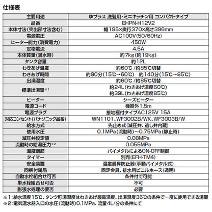 小型電気温水器 ゆプラス[床置設置][ミニキッチン用][コンパクトタイプ][排水器具セット][100V][12L][わきあげ温度:約60度/85度切替][ネジ径50A(2インチ)・ネジ径40A(1.5インチ)排水管共用]