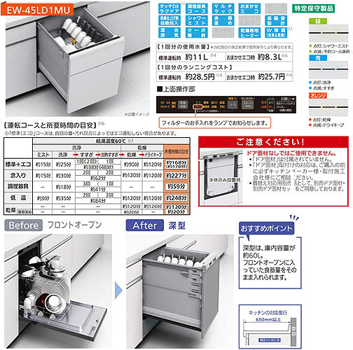 ビルトイン食洗機[新設用][スライドオープンタイプ][ドアフル面材型][深型][幅45cm][奥行65cm][約6人用][鏡面ブラック]
