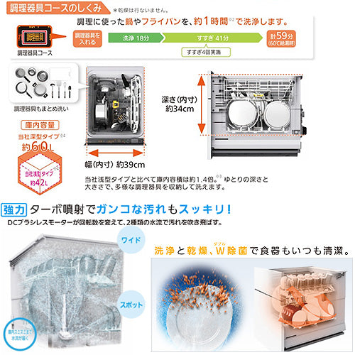 ビルトイン食洗機[取替用][スライドオープンタイプ][ドアパネル型][深型][幅45cm][奥行65cm][約6人用][化粧パネル対応][シルバー]