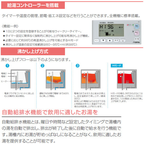 小型電気温水器 EWSシリーズ[壁掛][開放式][キッチン用][単相100V][1.5kW][20L][わきあげ温度:60～95度+Hi][自動給排水機能付]