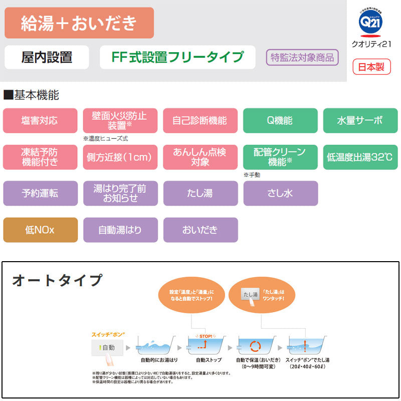 ガスふろ給湯器[本体のみ][屋内壁掛型][上方排気][強制給排気][オート][20号][15A][プロパンガス]