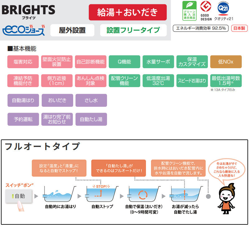 ●ガスふろ給湯器[エコジョーズ][浴室・台所リモコンセット][PS扉内設置型][前面排気][延長不可][ブライツ][フルオート][16号][15A][プロパンガス]