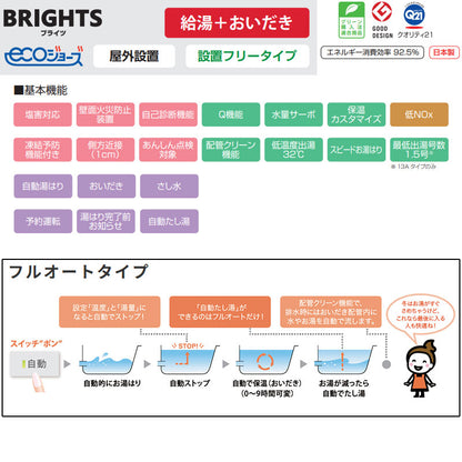 ●ガスふろ給湯器[エコジョーズ][浴室・台所リモコンセット][PS扉内設置型][前面排気][延長不可][ブライツ][フルオート][16号][15A][プロパンガス]