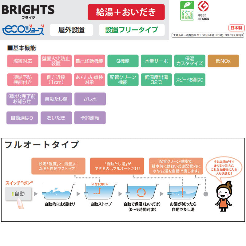 ●ガスふろ給湯器[エコジョーズ][本体のみ][屋外据置型][前面排気][ブライツ][フルオート][20号][15A][プロパンガス]