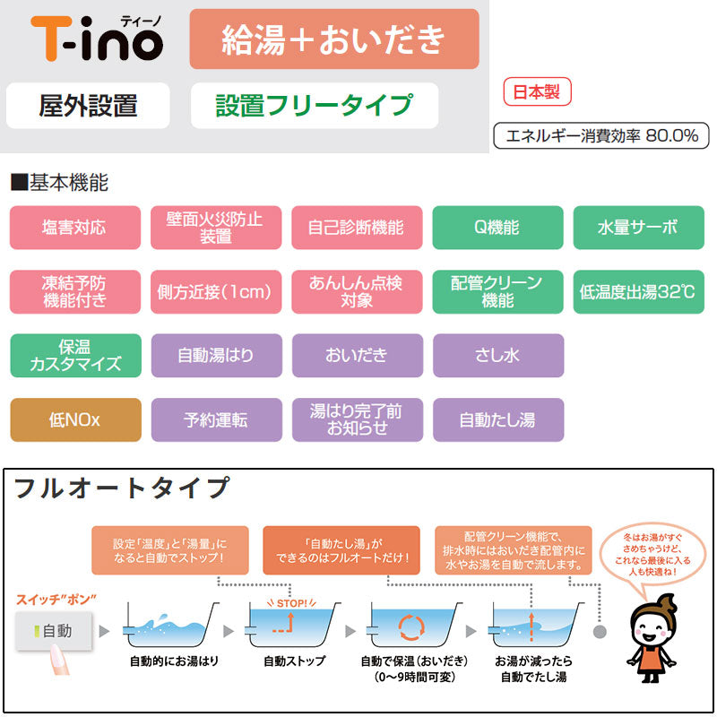 ●ガスふろ給湯器[本体のみ][屋外壁掛型][前面排気][スリムティーノ][フルオート][16号][15A][プロパンガス]