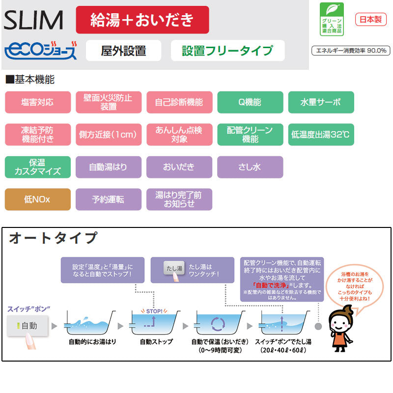 ●ガスふろ給湯器[エコジョーズ][浴室・台所リモコンセット][PS扉内設置型][上方排気][延長可能][スリム][オート][16号][15A][プロパンガス]