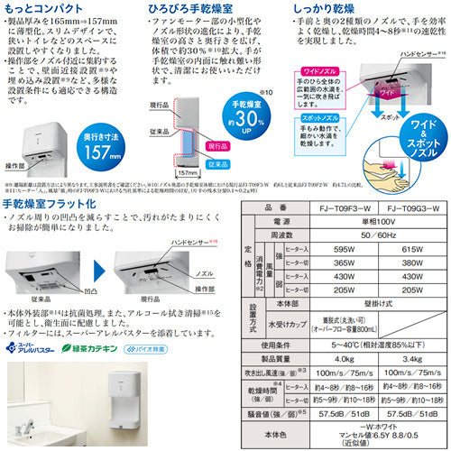 ハンドドライヤー[パワードライ][壁取付][コンパクト][電源コンセント][両面][100V][ヒーター入/切][抗菌加工][水受けあり][ホワイト]