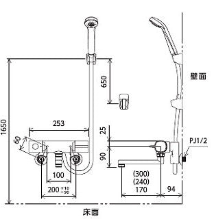 浴室用蛇口[壁][浴槽・洗い場兼用][サーモスタット付シャワーバス混合水栓][eシャワー][240mmパイプ付][一般地]