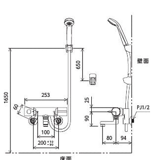 浴室用蛇口[壁][洗い場専用][サーモスタット付シャワーバス混合水栓][eシャワー][80mmパイプ付][一般地]