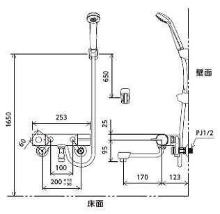 浴室用蛇口[壁][浴槽・洗い場兼用][サーモスタット付シャワーバス混合水栓][楽締めソケット付][伸縮自在パイプ付][eシャワー][一般地]