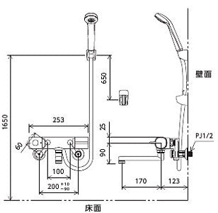 浴室用蛇口[壁][浴槽・洗い場兼用][サーモスタット付シャワーバス混合水栓][楽締めソケット付][eシャワー][一般地]