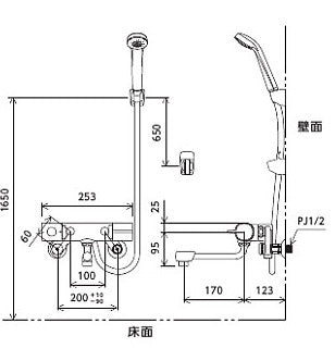 浴室用蛇口[壁][浴槽・洗い場兼用][サーモスタット付シャワーバス混合水栓][楽締めソケット付][eシャワー][一般地]