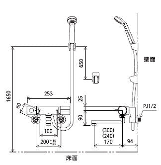 浴室用蛇口[壁][浴槽・洗い場兼用][サーモスタット付シャワーバス混合水栓][eシャワー][300mmパイプ付][寒冷地]