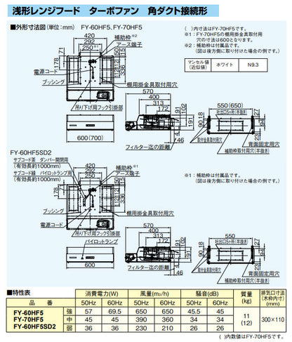 レンジフード[ターボファン][幅60cm][平型][角ダクト][ホワイト]