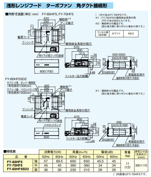 レンジフード[ターボファン][幅70cm][平型][角ダクト][ホワイト]