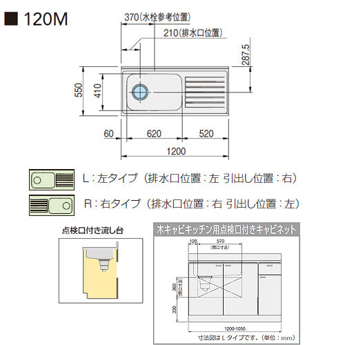 流し台[クリンプレティ][木製キャビネット][間口120cm][奥行55cm][点検口付][ペールウッド]
