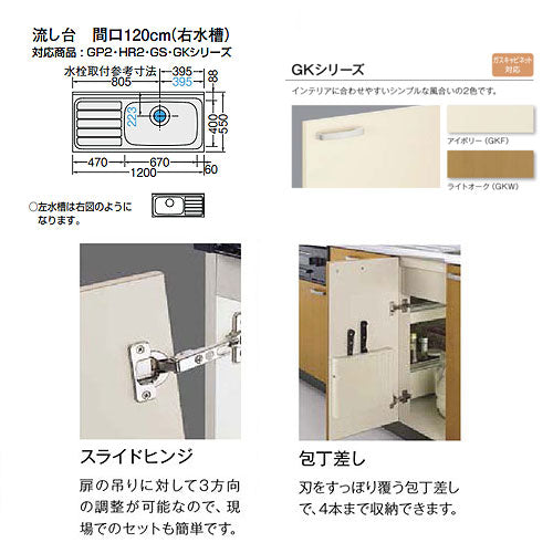 流し台(1段引出し) セクショナルキッチンGKシリーズ[木製キャビネット][間口120cm][ライトオーク]