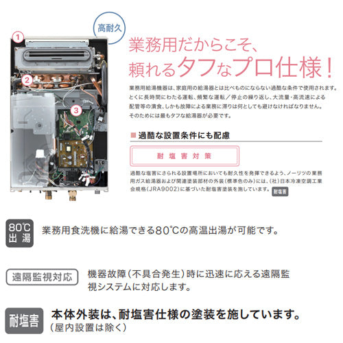 ガス給湯器[業務用][台所リモコン付属][屋外壁掛型][前面排気][給湯専用][即出湯][32号][都市ガス]