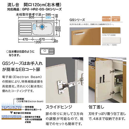 流し台(3段引出し) セクショナルキッチンGSシリーズ[木製キャビネット][点検口付][間口120cm][ライトグレー]