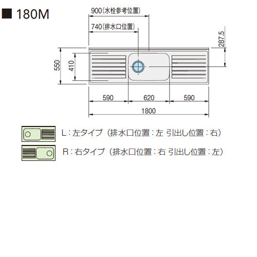 流し台[クリンプレティ][木製キャビネット][間口180cm][奥行55cm][ホワイト]