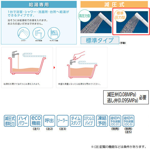 石油給湯器[台所リモコンセット][給湯専用][手動][減圧式][屋内据置型][上方排気][強制排気][4万キロ]