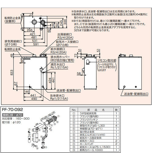石油給湯器[台所リモコン+FF用給排気筒セット][給湯専用][手動][減圧式][屋内据置型][上方排気][強制給排気][4万キロ]