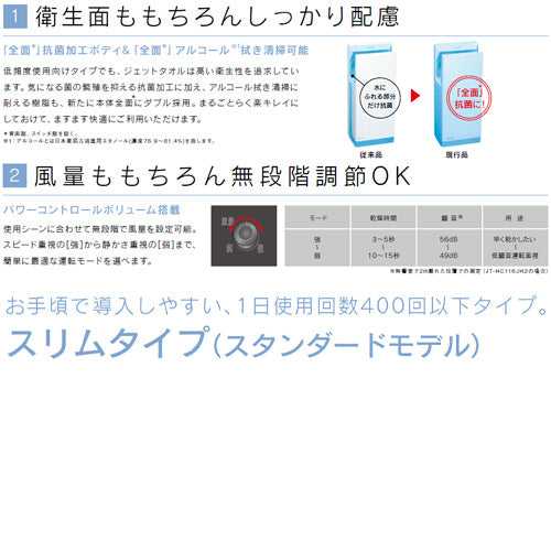 ハンドドライヤー[ジェットタオル][壁取付][スリム][電源コンセント][100V][ヒーター入/切][両面][抗菌加工][ホワイト]