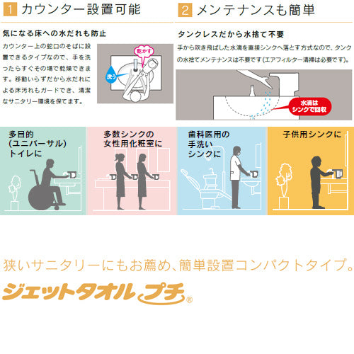 ハンドドライヤー[ジェットタオルプチ][カウンター取付][電源コンセント][100V][ヒーターなし][片面][ホワイト]