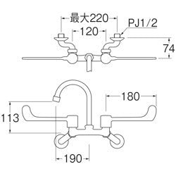 浴室用蛇口[壁][2ハンドル混合水栓][泡沫][スパウト190mm][一般地]