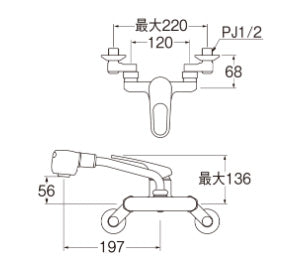 キッチン用蛇口[壁][シングルレバー混合水栓][スパウト197mm][一般地]