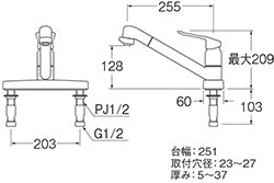 キッチン用蛇口[台][シングルレバー混合水栓][スパウト回転][吐水(シャワー)][エコ位置クリック][湯水芯203mm][スパウト255mm][一般地]