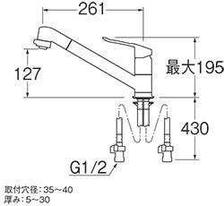 キッチン用蛇口[台][シングルレバー混合水栓][スパウト回転][吐水(シャワー)][エコ位置クリック][スパウト261mm][一般地]